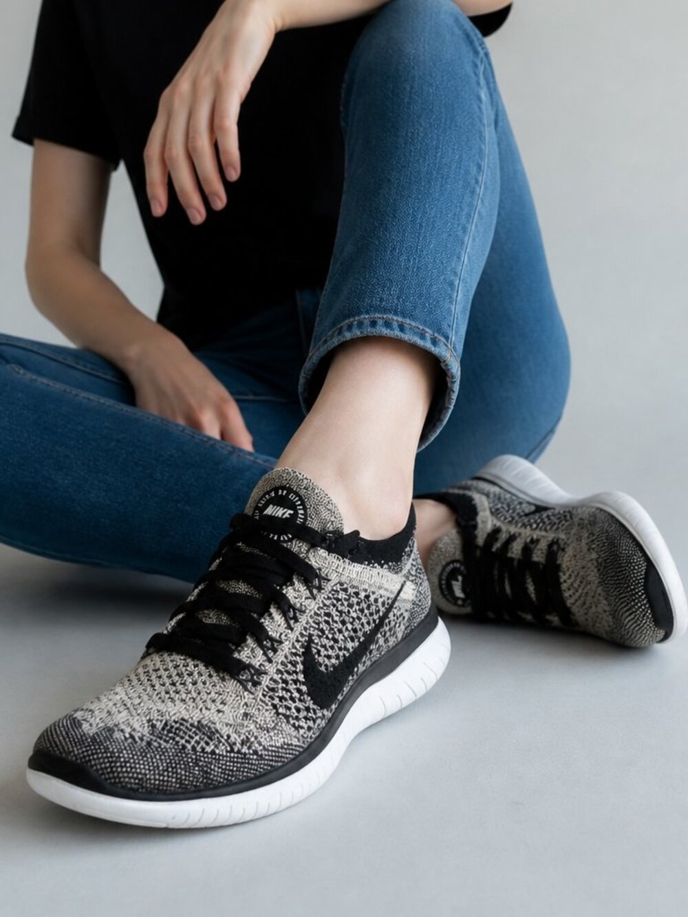 Nike Free RN Flyknit Black White Oreo Running Shoes Sneakers Womens 7